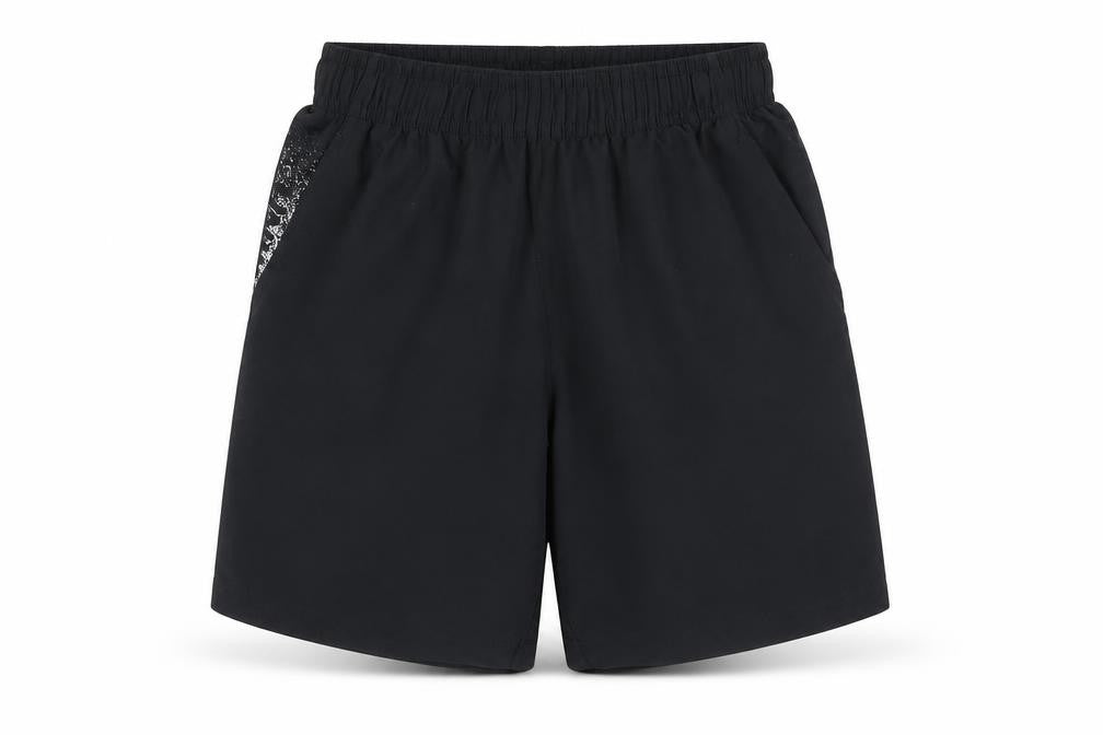 Front view of Under Armour boys’ black small loose fit athletic shorts polyester