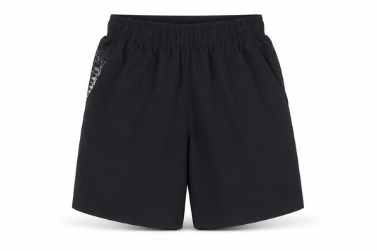 Front view of Under Armour boys’ black small loose fit athletic shorts polyester