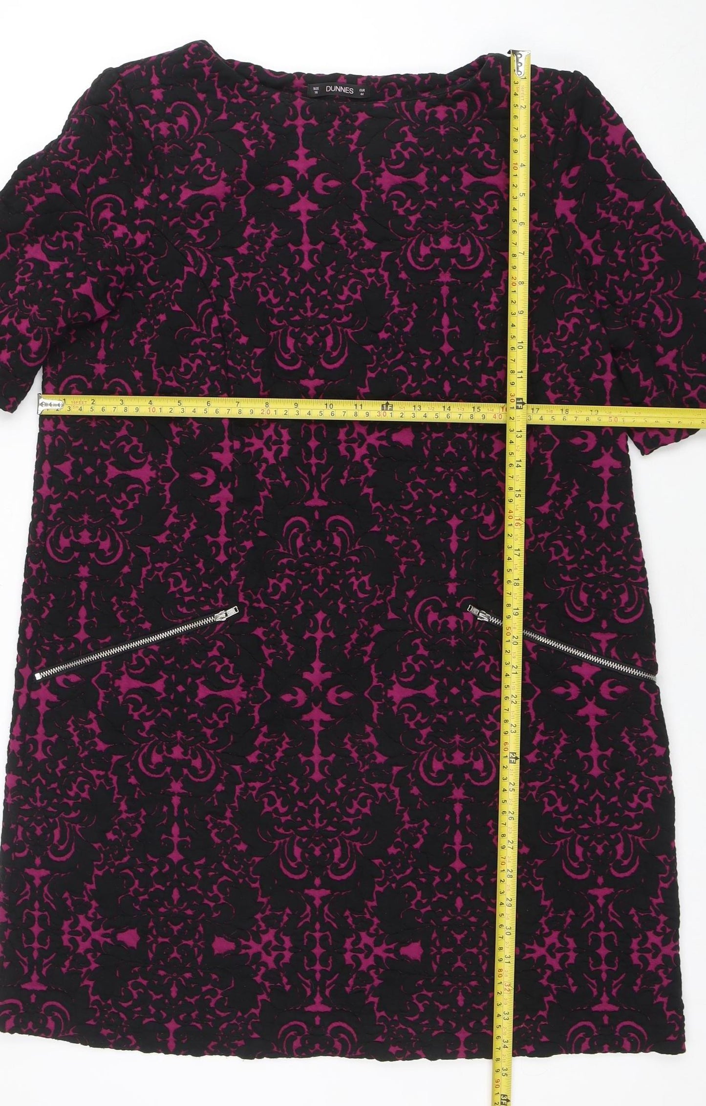 DUNNES Women Black Shift Dress Size 16 Jacquard Zip Detail