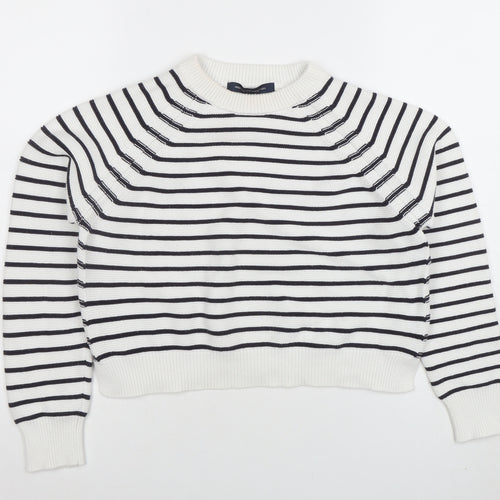 French Connection Women's White Striped Cotton Crew Neck Jumper Size M