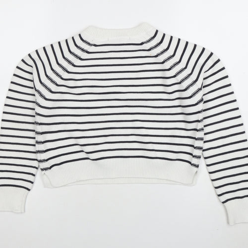 French Connection Women's White Striped Cotton Crew Neck Jumper Size M