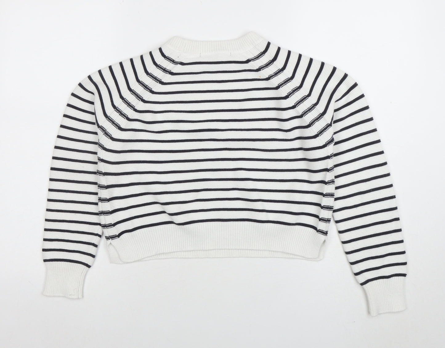 French Connection Women's White Striped Cotton Crew Neck Jumper Size M