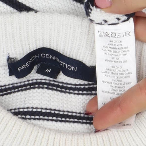 French Connection Women's White Striped Cotton Crew Neck Jumper Size M