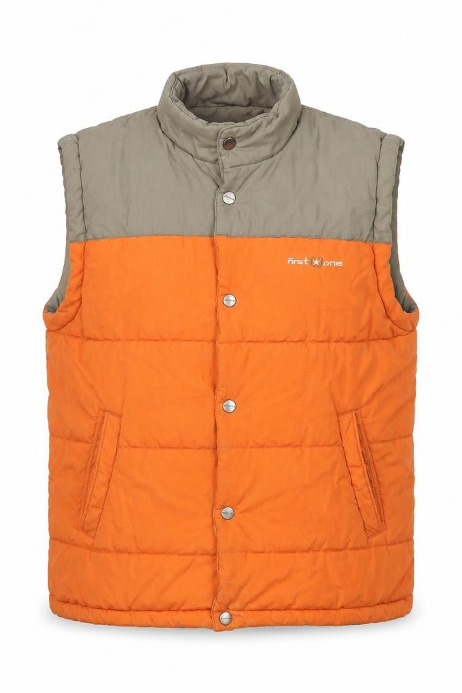 Front view of Enrico Man Men's Orange Puffer Waistcoat M Polyester Cotton Lined