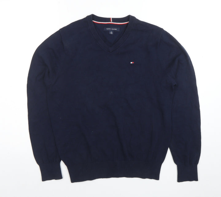 Tommy Hilfiger Men's Blue Cotton V-Neck Jumper XS