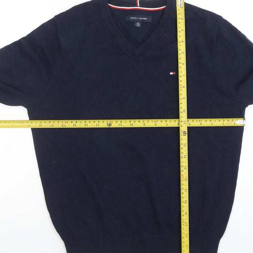 Tommy Hilfiger Men's Blue Cotton V-Neck Jumper XS