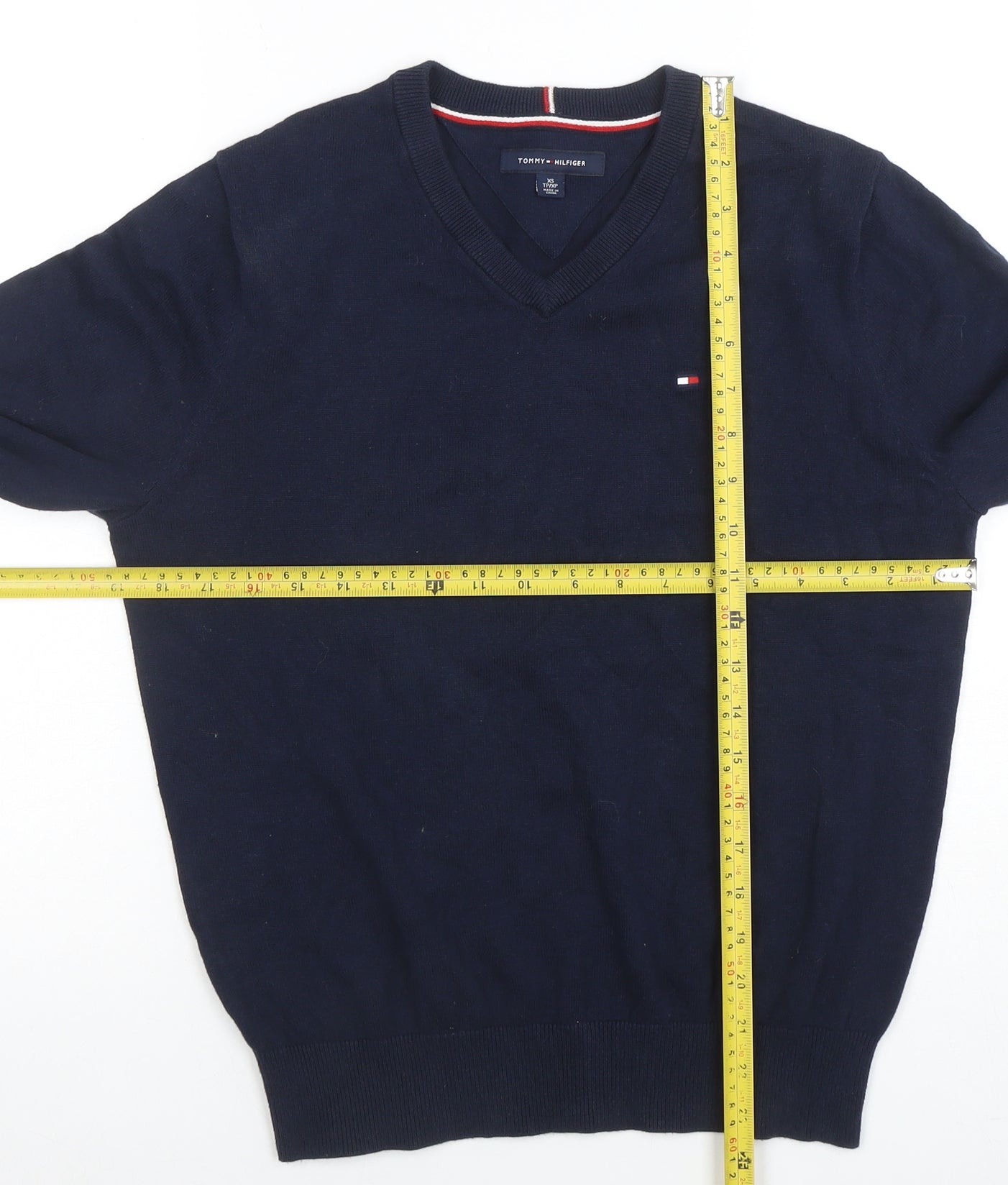 Tommy Hilfiger Men's Blue Cotton V-Neck Jumper XS