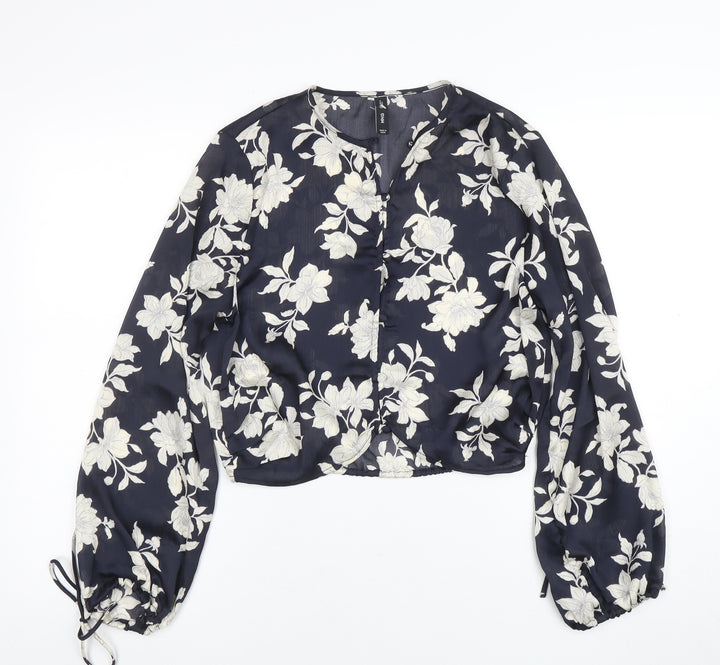 Mango Womens Blue Floral Chiffon Cropped Blouse XS