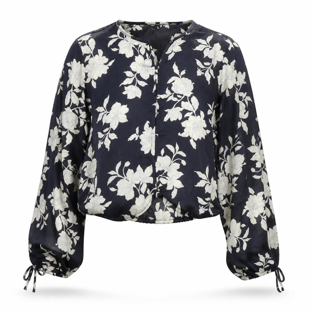 Front view of Mango women’s blue floral chiffon cropped blouse xs