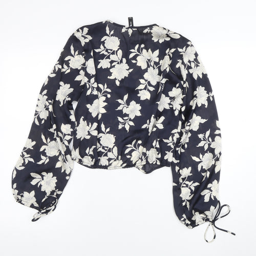 Mango Womens Blue Floral Chiffon Cropped Blouse XS