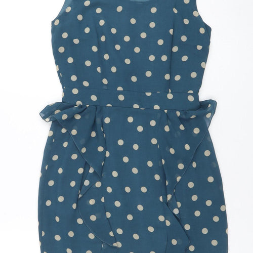 Daphne Women's Blue Polka Dot Sleeveless Ruffle Pencil Dress XS
