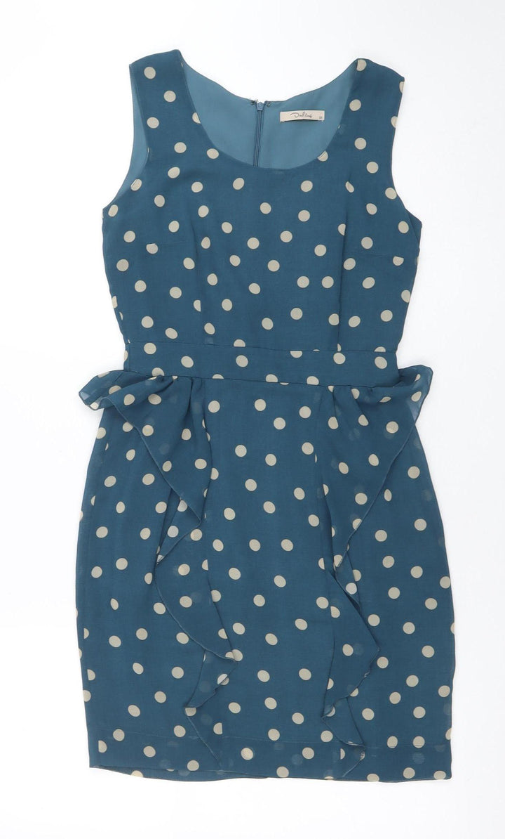 Daphne Women's Blue Polka Dot Sleeveless Ruffle Pencil Dress XS