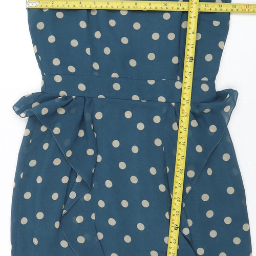 Daphne Women's Blue Polka Dot Sleeveless Ruffle Pencil Dress XS