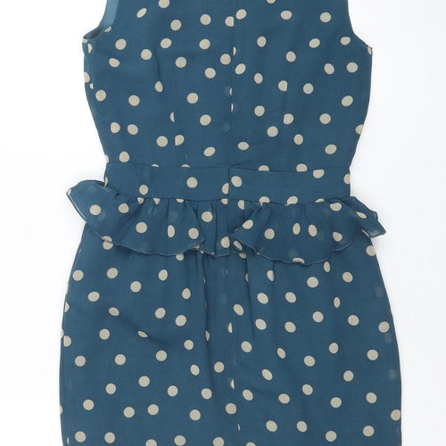 Daphne Women's Blue Polka Dot Sleeveless Ruffle Pencil Dress XS