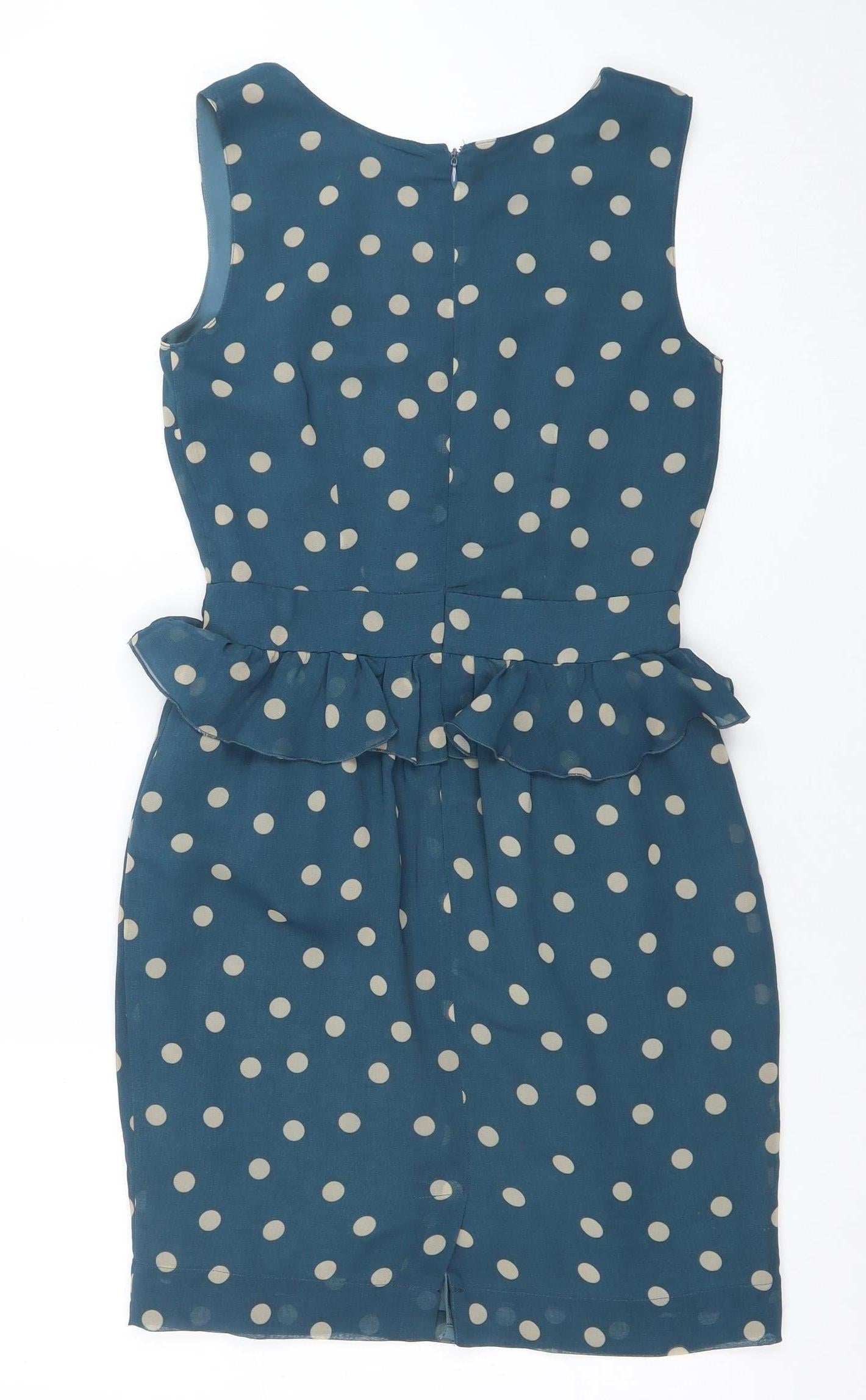 Daphne Women's Blue Polka Dot Sleeveless Ruffle Pencil Dress XS