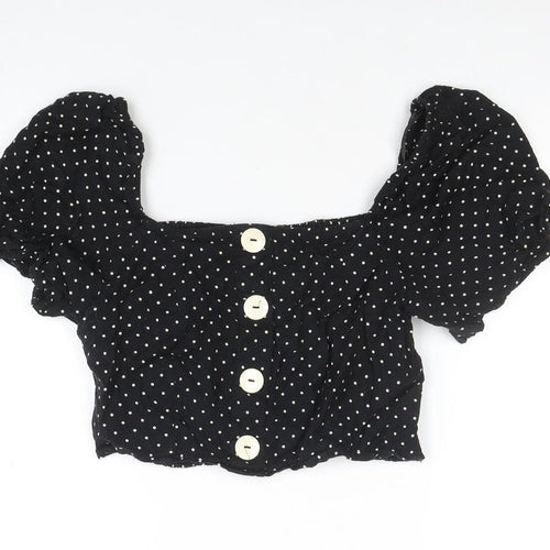 River Island Womens Black Polka Dot Cropped Blouse Size 12 Puff Sleeve