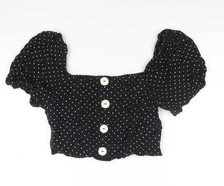 River Island Womens Black Polka Dot Cropped Blouse Size 12 Puff Sleeve