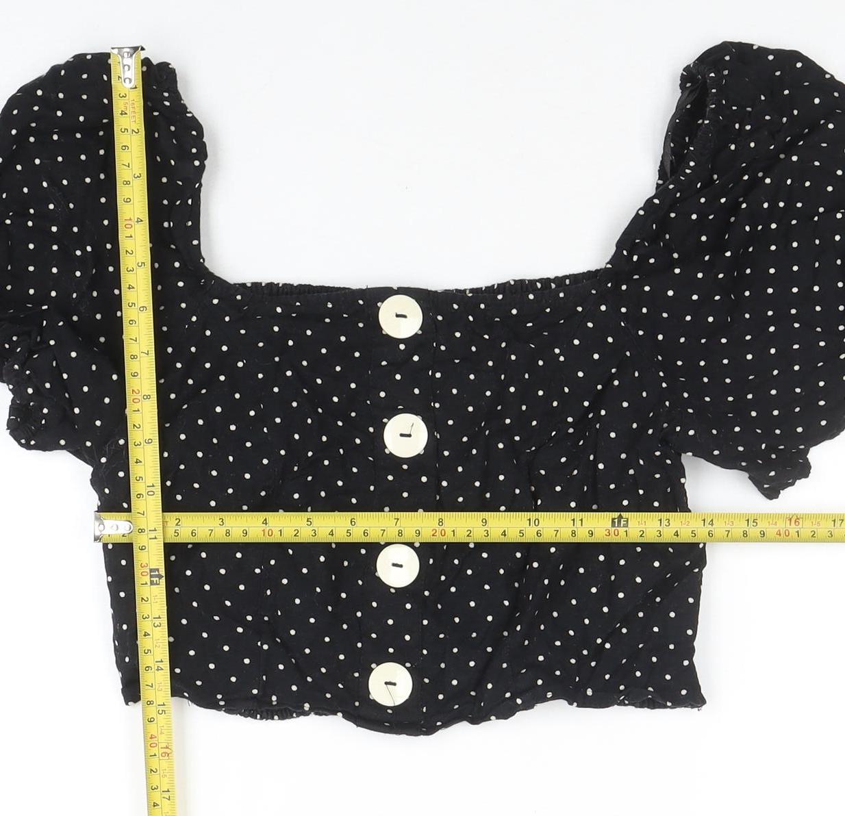 River Island Womens Black Polka Dot Cropped Blouse Size 12 Puff Sleeve