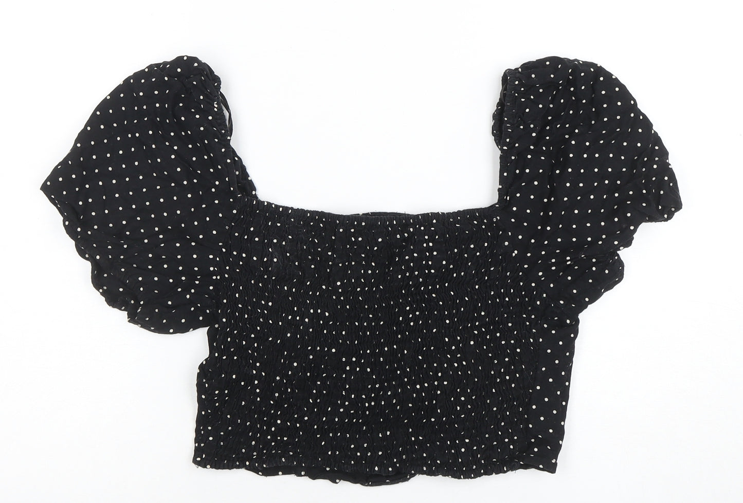 River Island Womens Black Polka Dot Cropped Blouse Size 12 Puff Sleeve