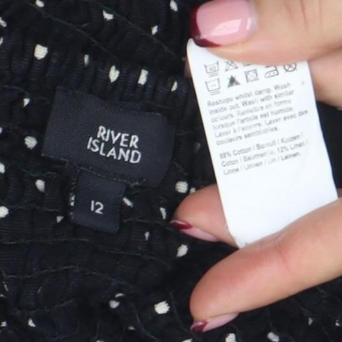 River Island Womens Black Polka Dot Cropped Blouse Size 12 Puff Sleeve