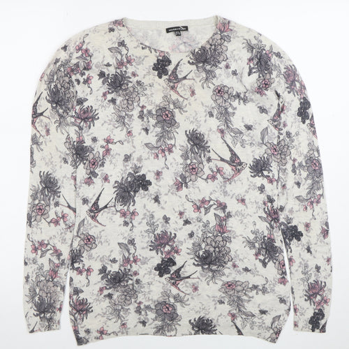 Warehouse Women’s Ivory Floral Bird Print Cotton Blend Pullover Jumper Size 8