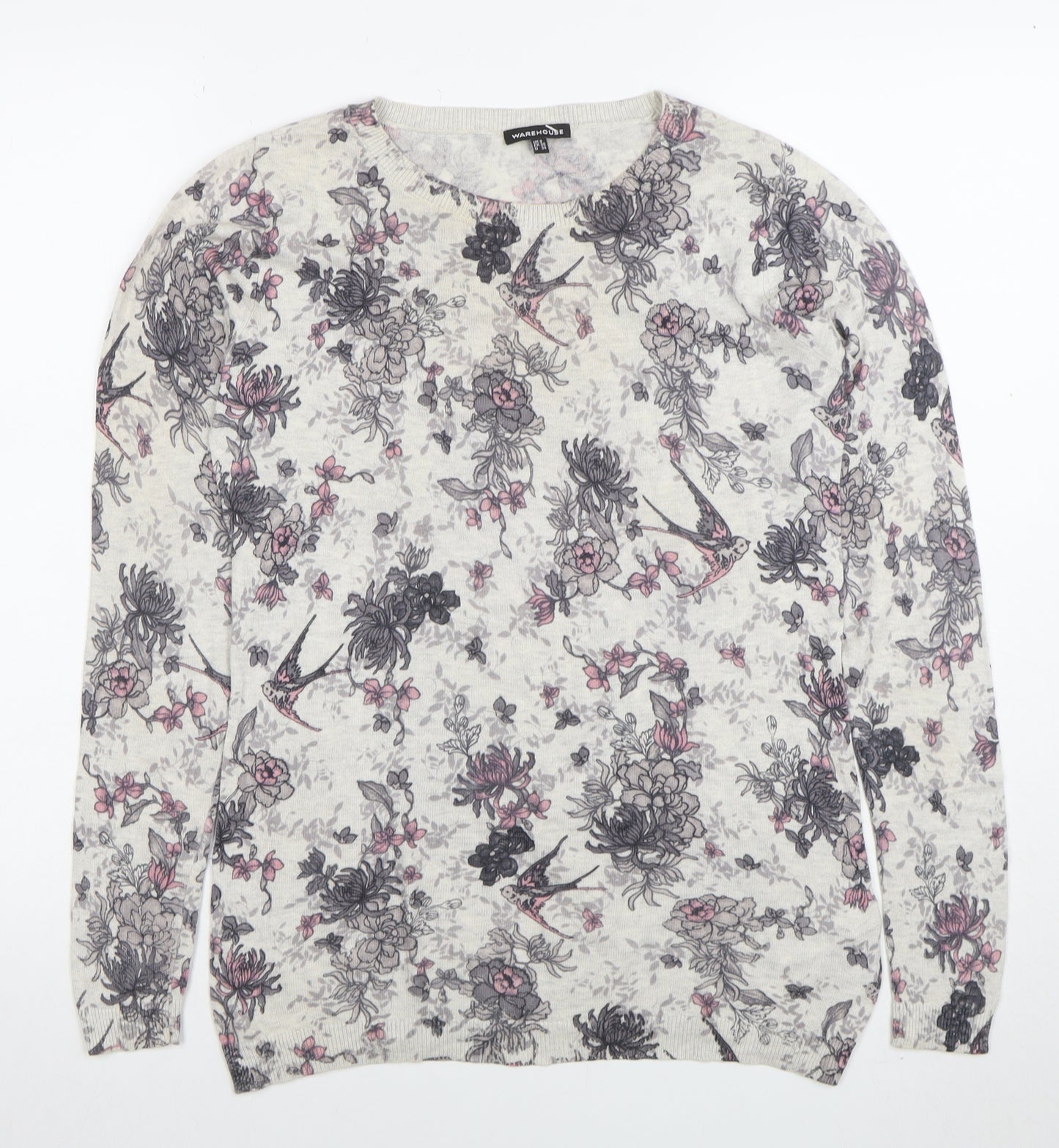 Warehouse Women’s Ivory Floral Bird Print Cotton Blend Pullover Jumper Size 8