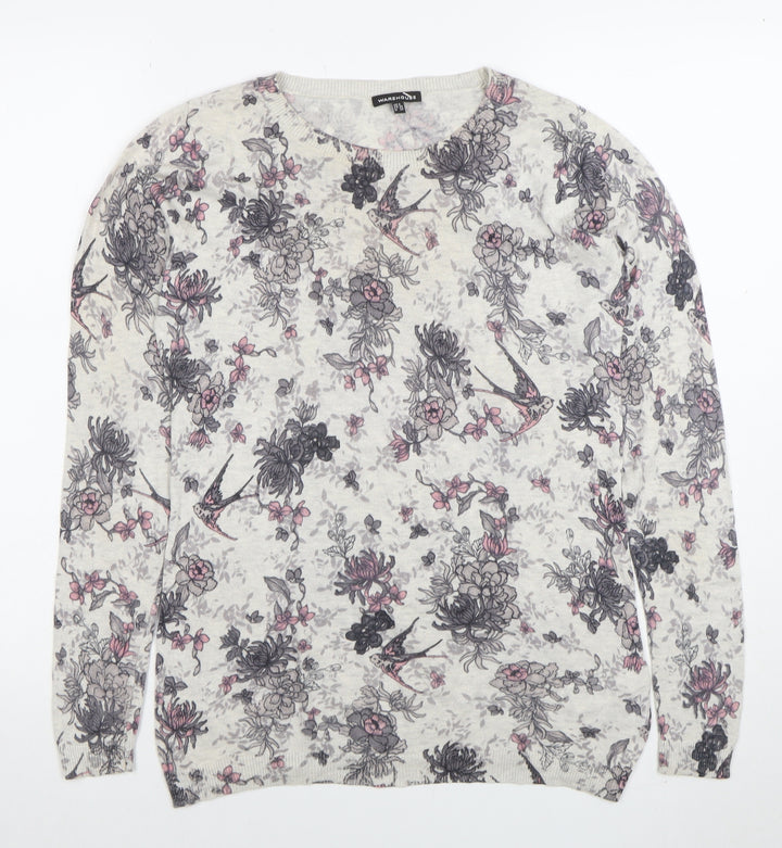 Warehouse Women’s Ivory Floral Bird Print Cotton Blend Pullover Jumper Size 8