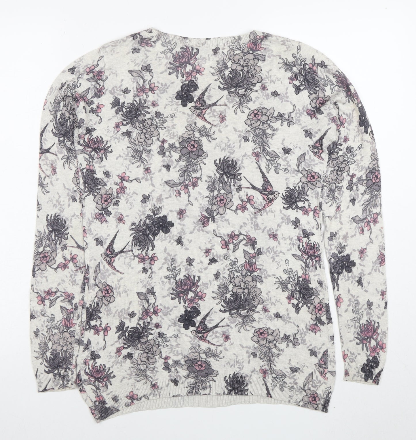 Warehouse Women’s Ivory Floral Bird Print Cotton Blend Pullover Jumper Size 8