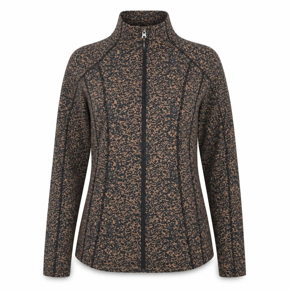 Front view of Dunnes women’s brown animal print full zip sweatshirt s