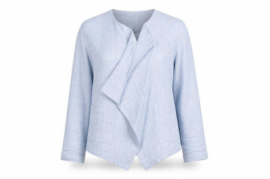 Front view of New Look Women's Blue Linen Blend Shawl Collar Blazer, size 8