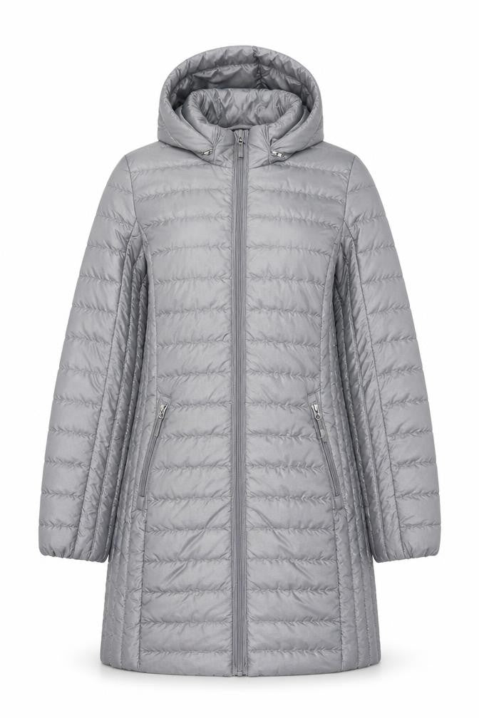 Front view of 32 Degrees Women's Grey Long Lightweight Puffer Coat Hooded, size S