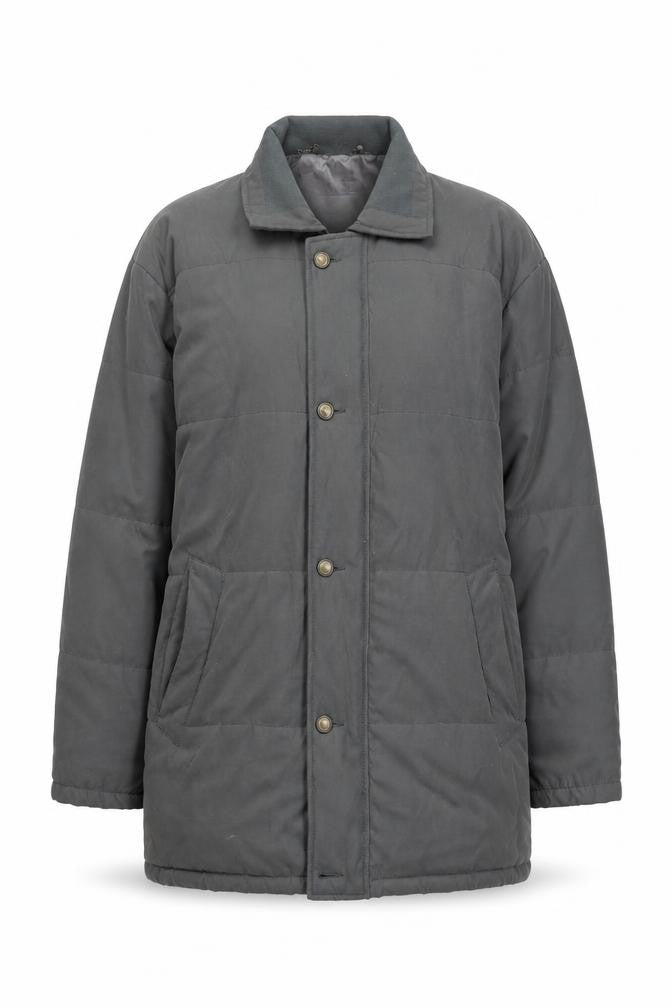 Front view of Aldon women’s grey puffer jacket s mid-length polyester coat