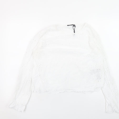 Pieces Womens White Cotton Embroidered Long Sleeve Blouse M