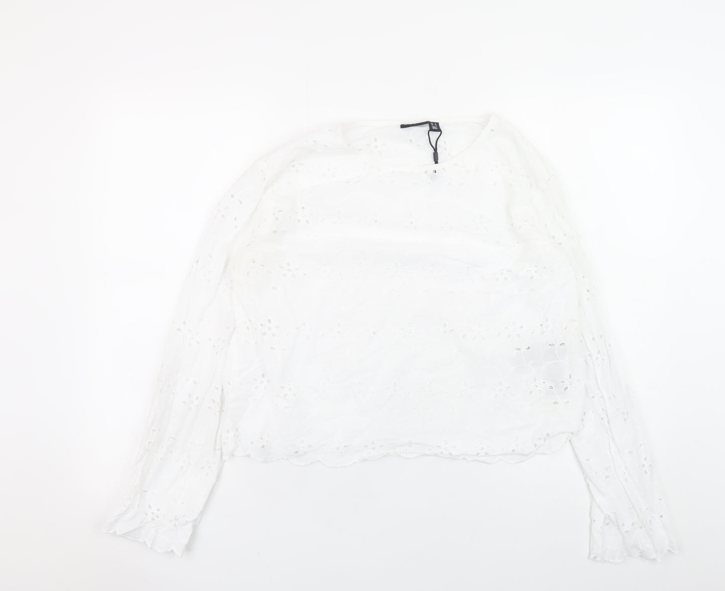 Pieces Womens White Cotton Embroidered Long Sleeve Blouse M