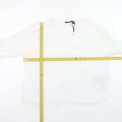 Pieces Womens White Cotton Embroidered Long Sleeve Blouse M