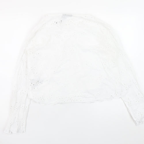 Pieces Womens White Cotton Embroidered Long Sleeve Blouse M