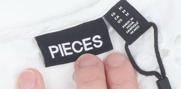Pieces Womens White Cotton Embroidered Long Sleeve Blouse M