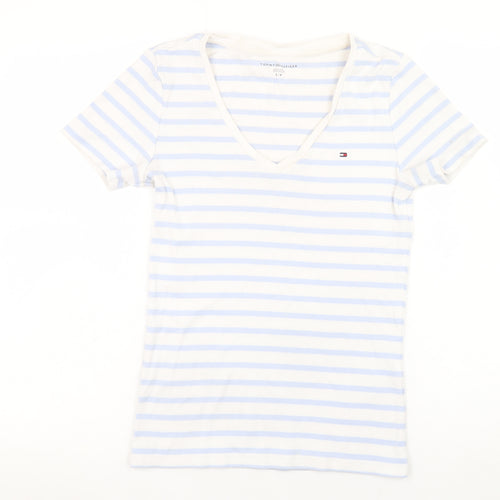 Tommy Hilfiger Women Blue Striped V-Neck Cotton T-Shirt Size S