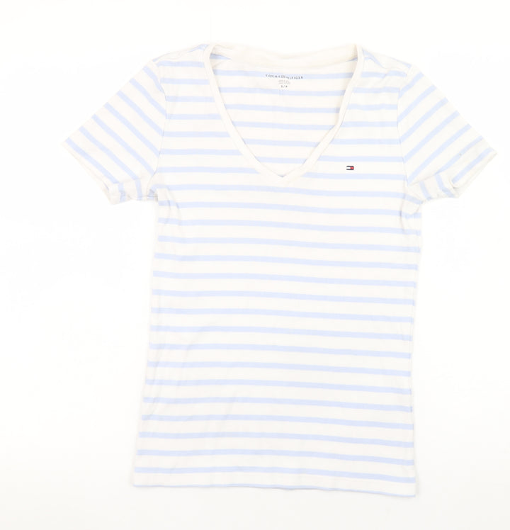 Tommy Hilfiger Women Blue Striped V-Neck Cotton T-Shirt Size S
