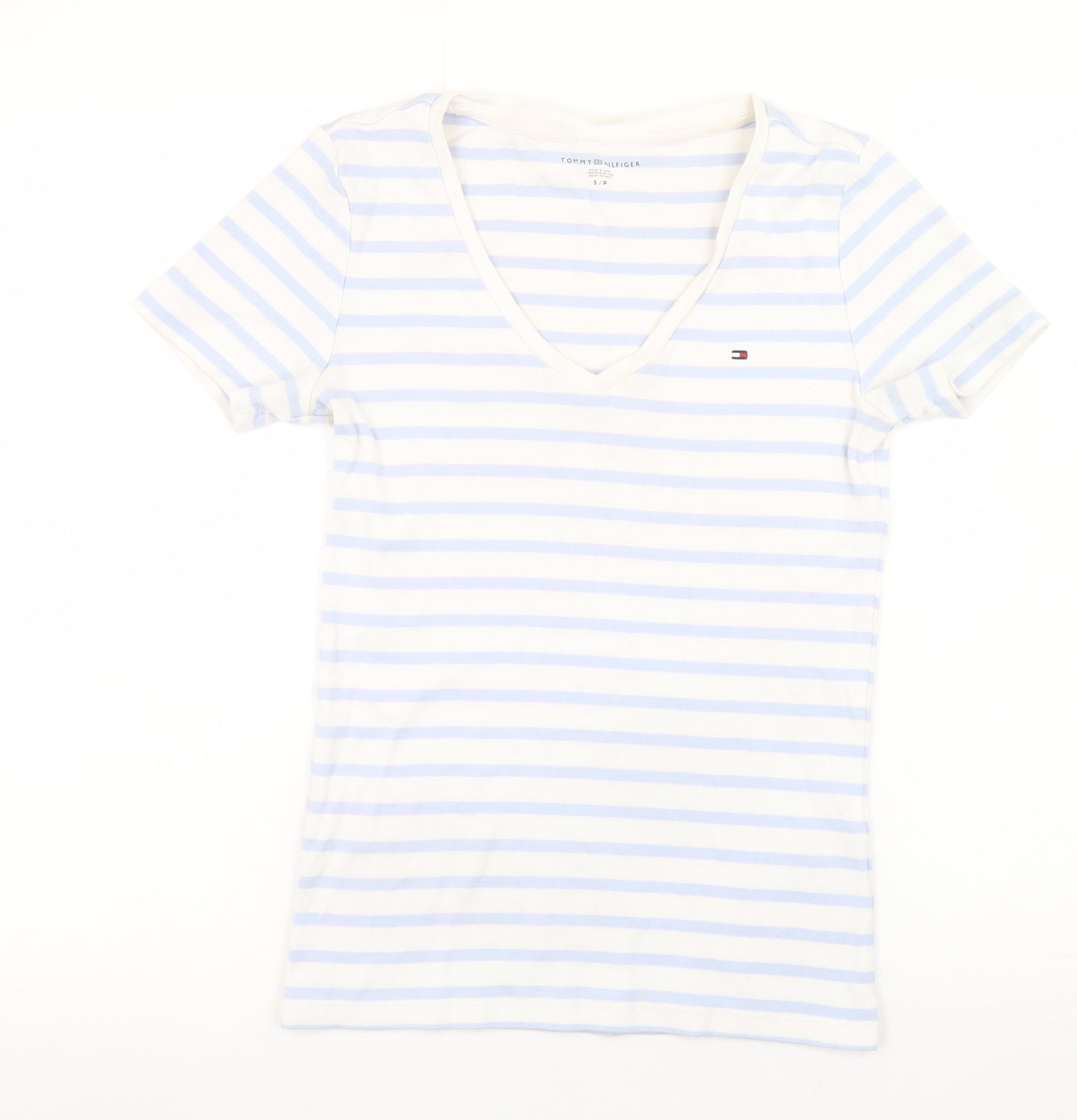 Tommy Hilfiger Women Blue Striped V-Neck Cotton T-Shirt Size S