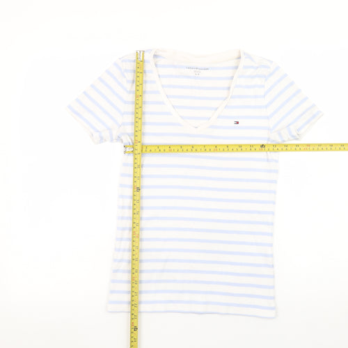 Tommy Hilfiger Women Blue Striped V-Neck Cotton T-Shirt Size S