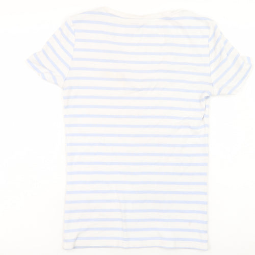 Tommy Hilfiger Women Blue Striped V-Neck Cotton T-Shirt Size S
