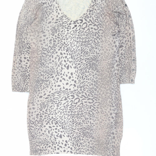 Mint Velvet Women's Beige Leopard V-Neck Knit Jumper Size 12