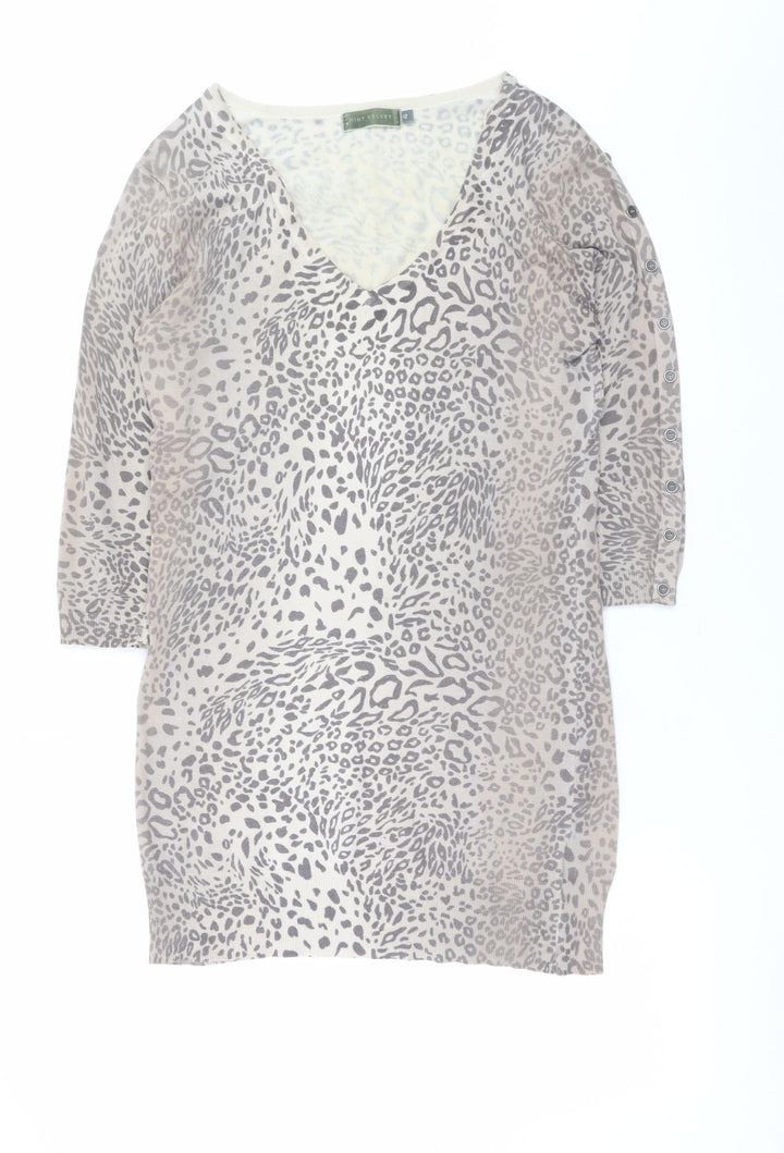 Mint Velvet Women's Beige Leopard V-Neck Knit Jumper Size 12