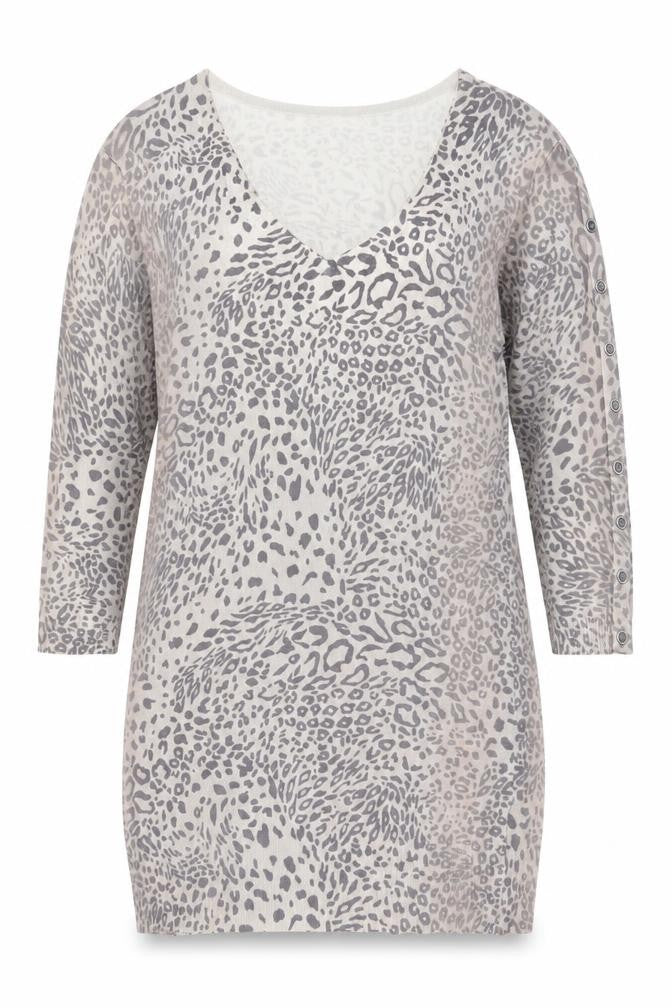 Front view of Mint Velvet Women's Beige Leopard V-Neck Knit Jumper, size 12