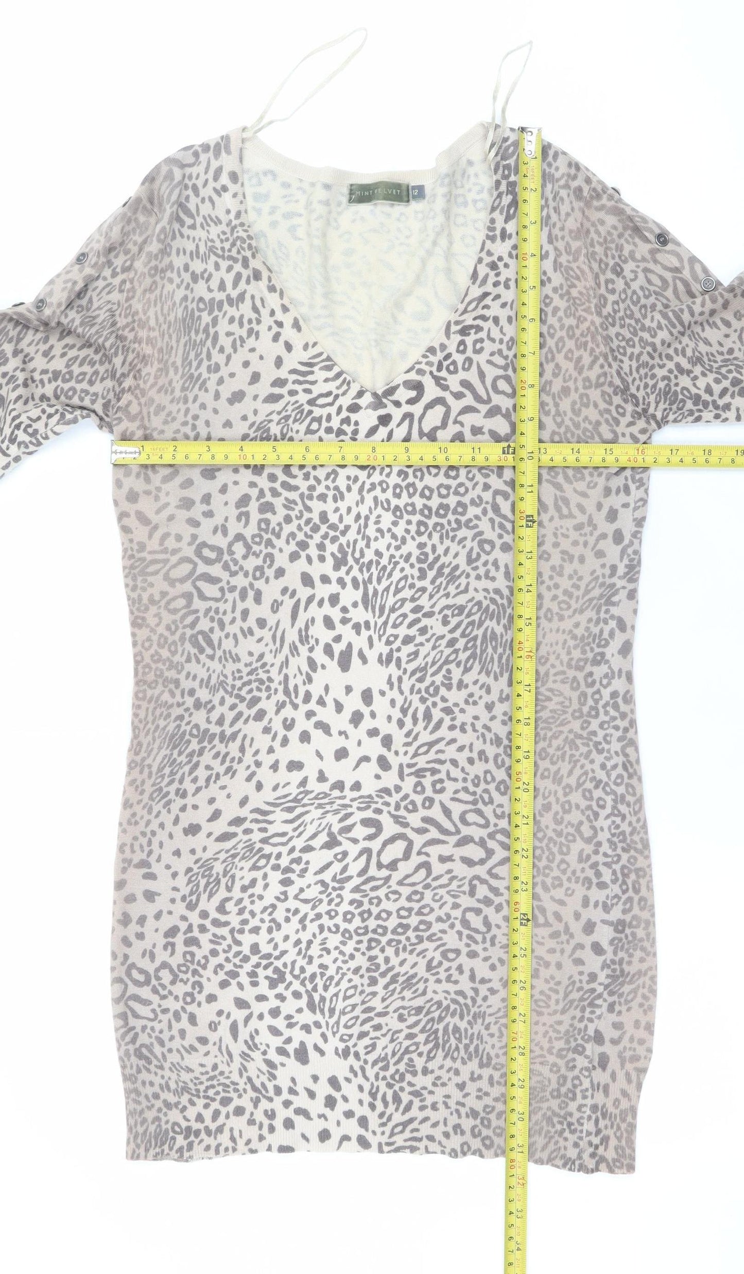 Mint Velvet Women's Beige Leopard V-Neck Knit Jumper Size 12