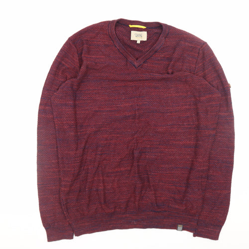 Camel Active Men's Red Knit V-Neck Cotton Pullover Sweater L
