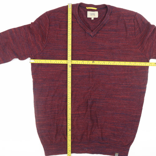 Camel Active Men's Red Knit V-Neck Cotton Pullover Sweater L