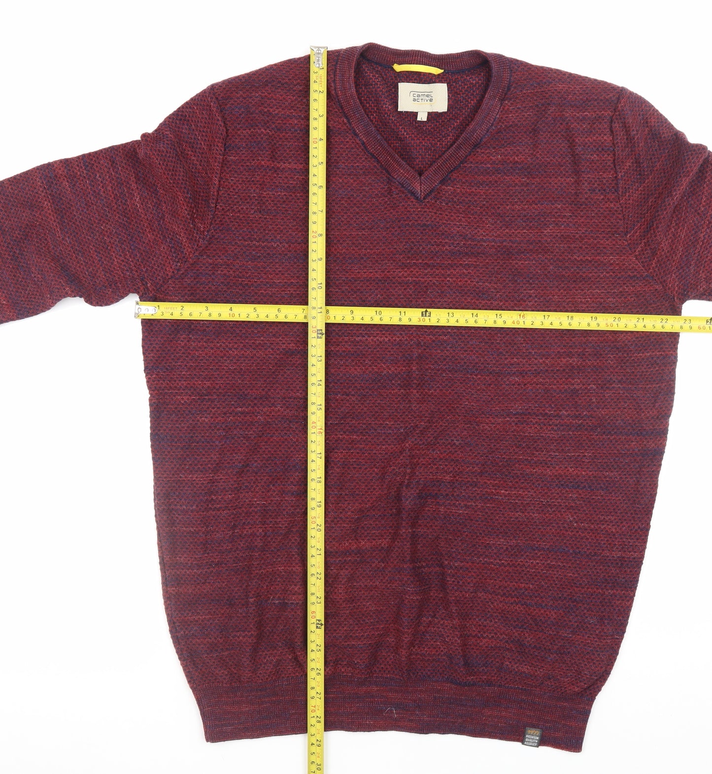 Camel Active Men's Red Knit V-Neck Cotton Pullover Sweater L
