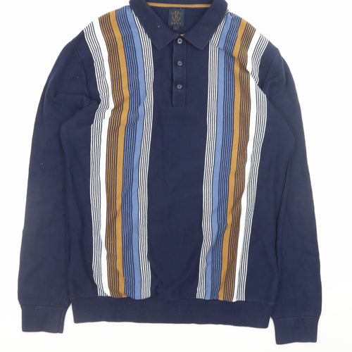 Next Men's Blue Striped Collared Cotton Henley Jumper Size L